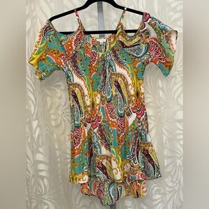 Spense Paisley Multi Color Asymmetrical Cold Shoulder Blouse